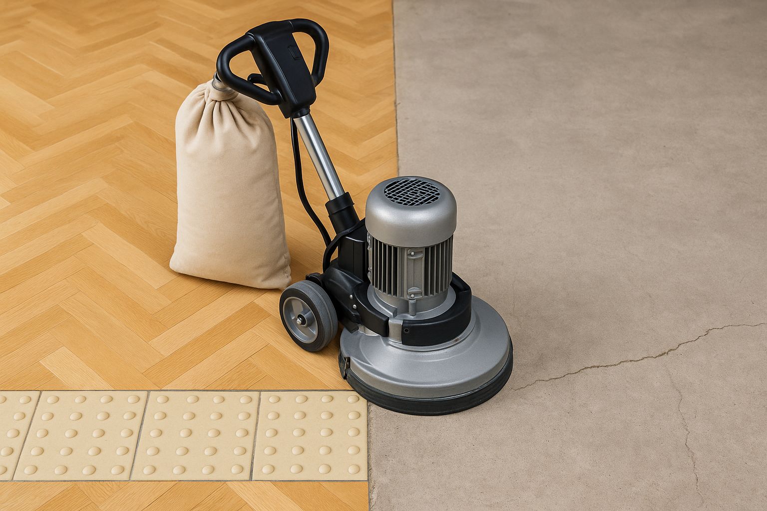Gulvslipemaskin på parkett med støvfritt resultat og betonggulv