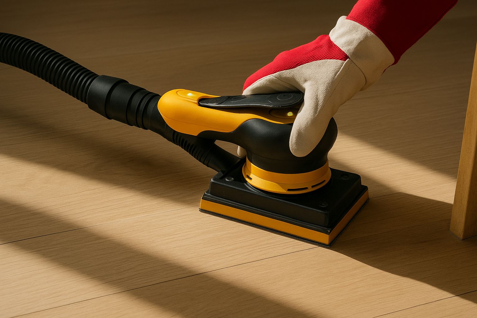 Nærbilde av slipemaskin for gulv med støvavsugsslange
